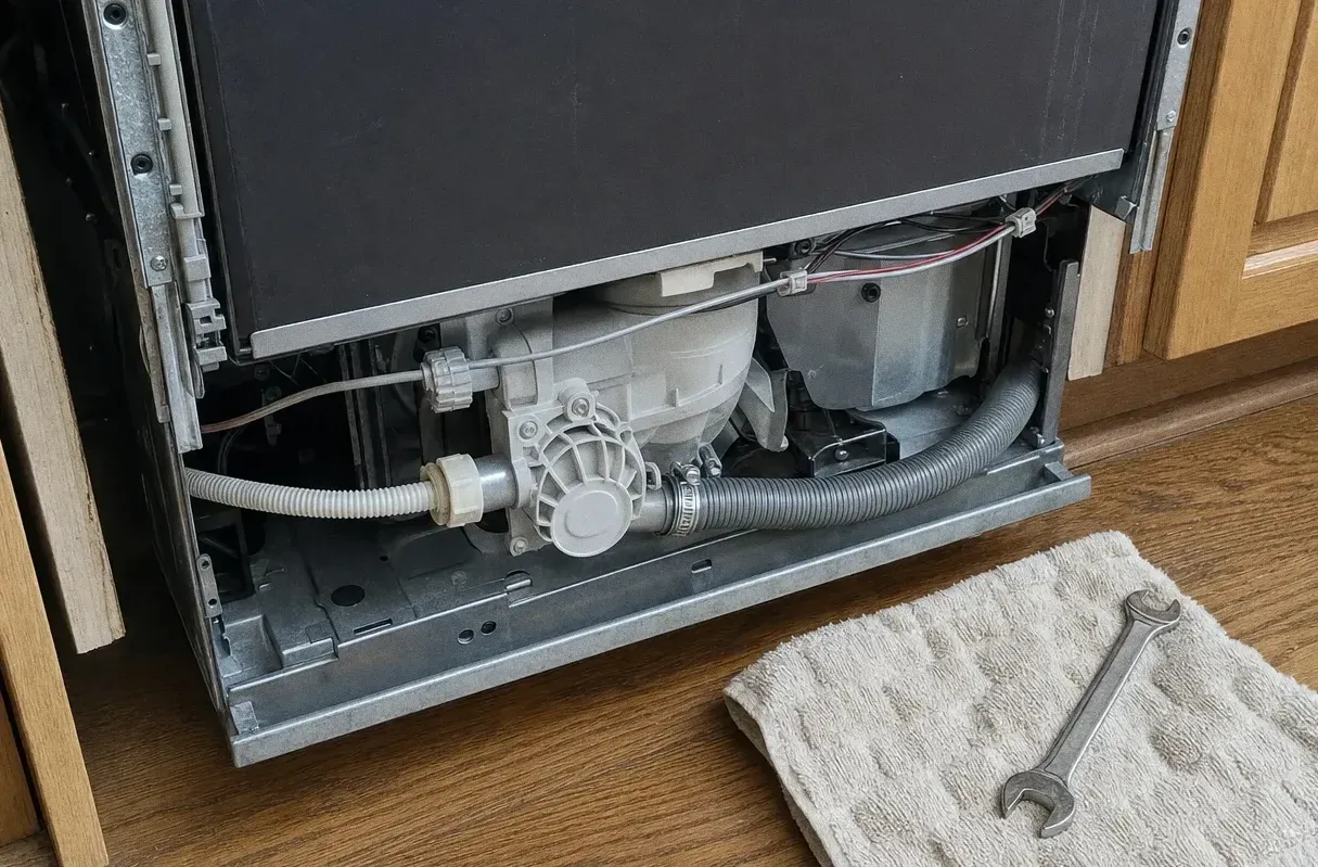 Dishwasher drawn out of its cabinet run and tilted forward, sump housing and drain hose exposed underneath with a wrench on a folded towel