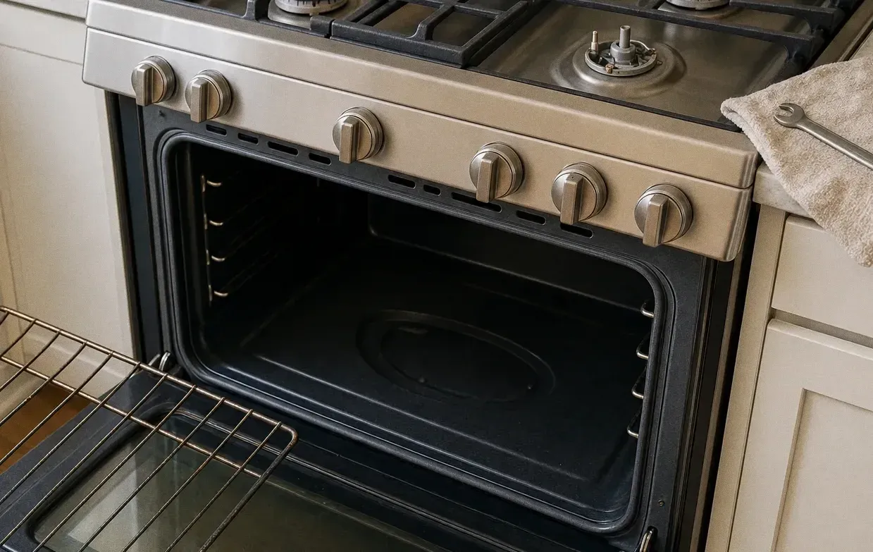 Cream and stainless gas range with the oven door open, one rack taken out and leaning on the floor and a towel over the counter edge