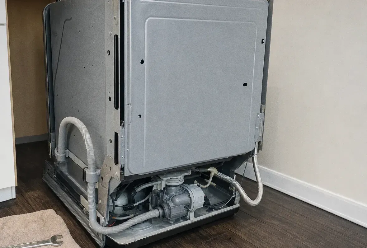 Dishwasher pulled forward with the rear panel exposed, inlet line, drain hose and pump housing visible behind it